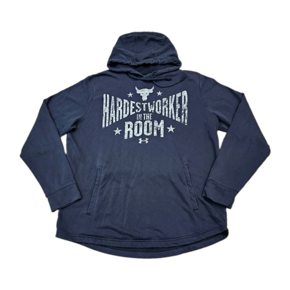 Under Armour Project Rock Hoodie Men M ‘Hardest Worker In The Room’ Light Fleece